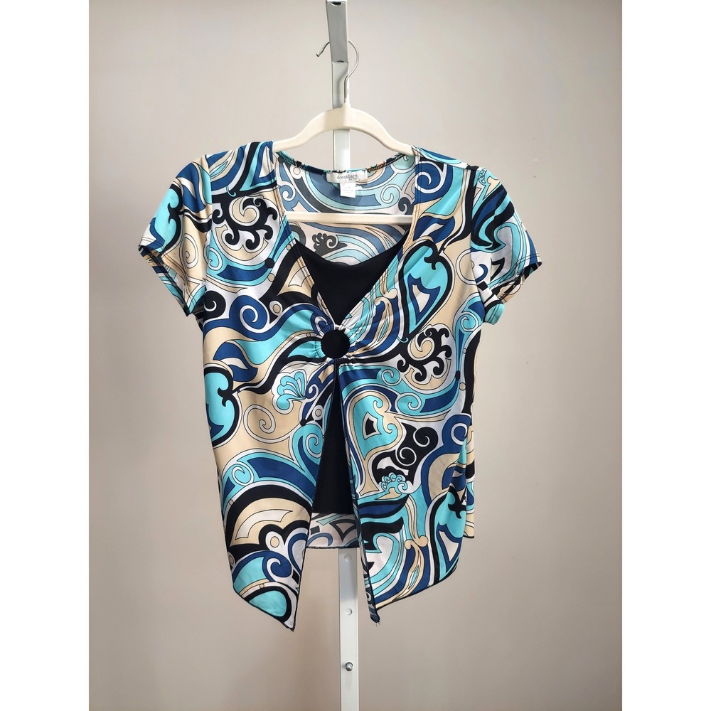 Dressbarn PM Blue Swirl O-Ring Short Sleeve Blouse Top Y2K Mod Psychedelic